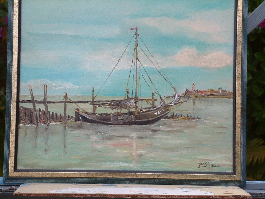 oude  visserij  aan de steiger  Jac Caljouw  Arnemuiden, Ophalen of Verzenden, Gesigneerd, Klassiek, Papier