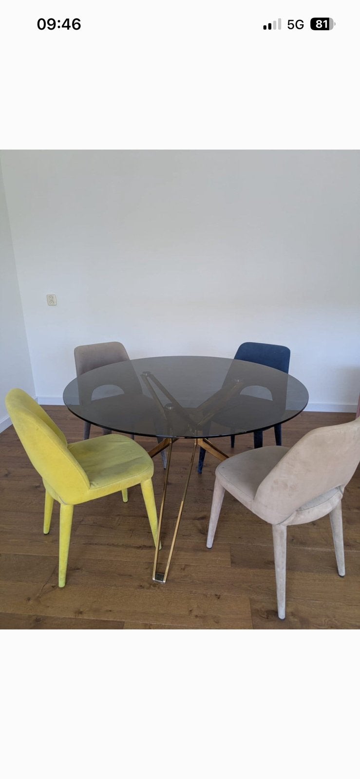 POLSPOTTEN glazen eettafel + GRATIS stoelen, Ophalen, Gebruikt, 100 tot 150 cm, Rond