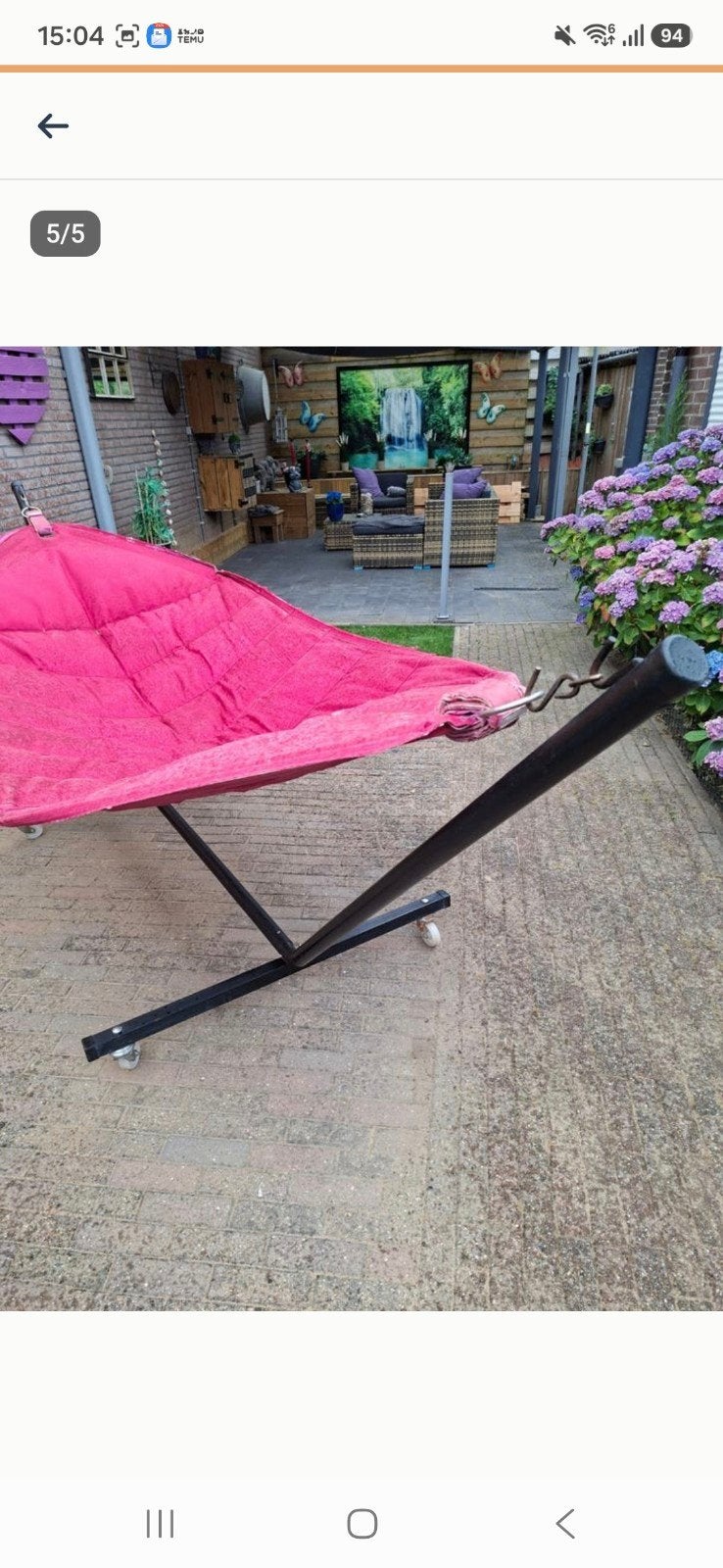 Fatboy hangmat roze met frame op wieltjes, Tuin en Terras, Ophalen, Gebruikt, Meerpersoons, Met standaard