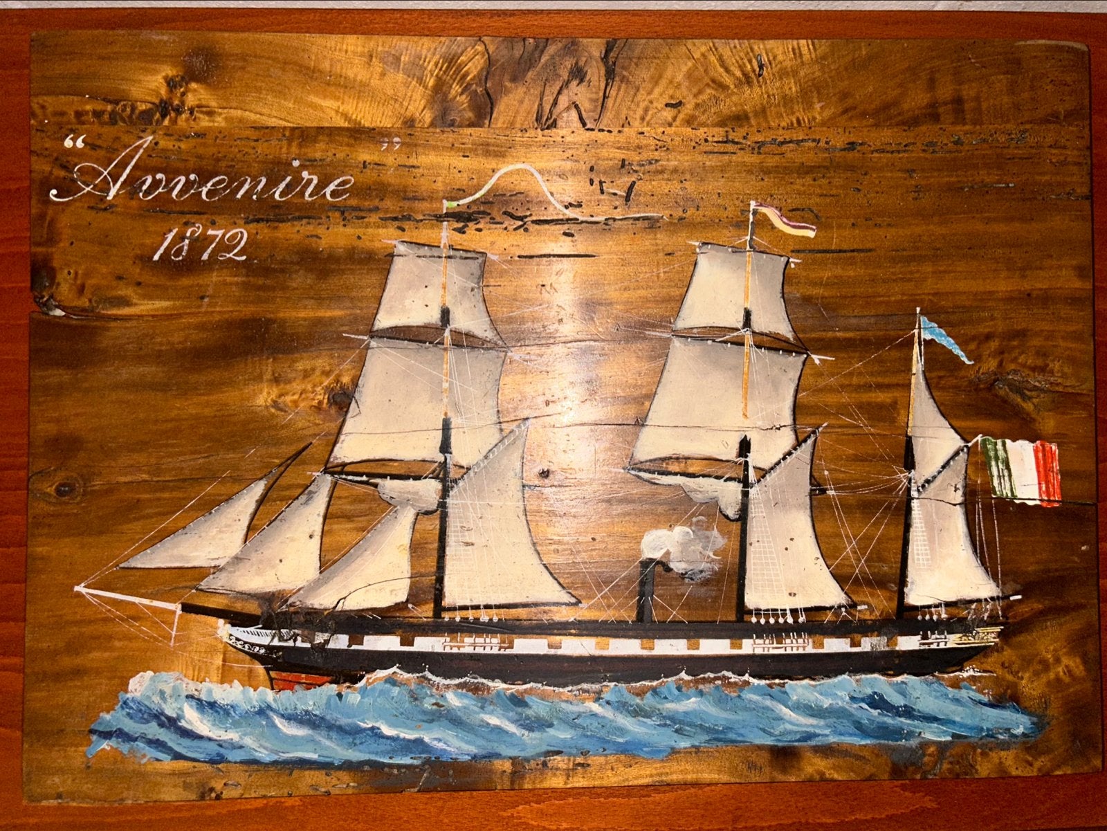 Schilderij 'Avvenire 1872' - Maritiem op hout, Antiek en Kunst, Realistisch, Ophalen of Verzenden, Gesigneerd, Olieverf
