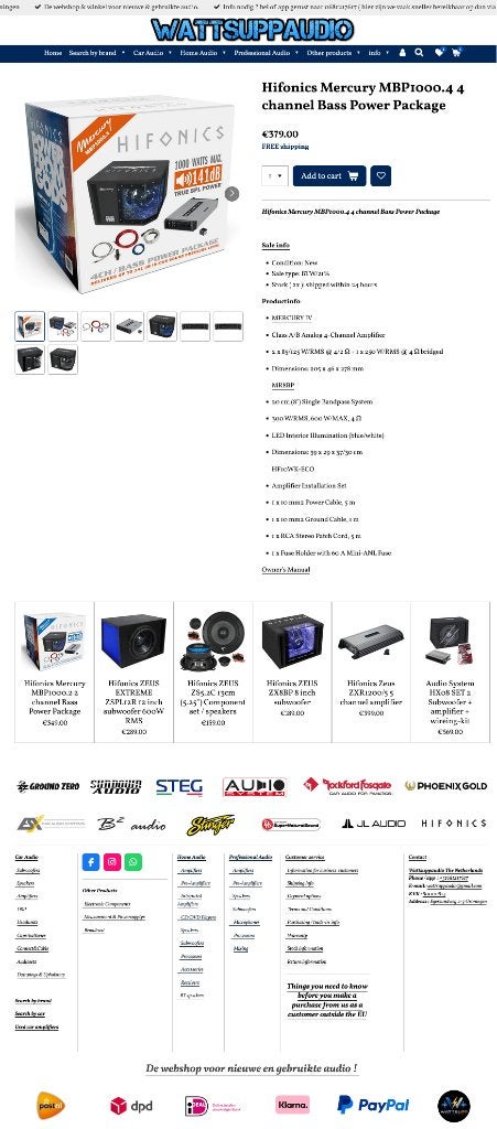 Hifonics Mercury MBP1000.4 Subwoofer + versterker & kabels, Auto diversen, Autospeakers, Audio Design, Nieuw, Am Breilingsweg 3, 76709 Kronau, Duitsland