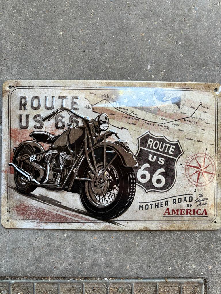 Metalen Wandborden: Route 66, Whiskey, Coffee, Harley, Vintage, Meerkleurig, Ophalen of Verzenden, Zo goed als nieuw