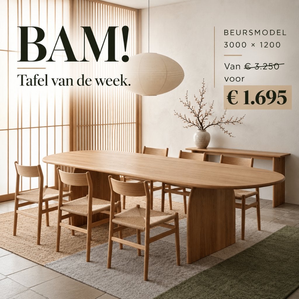 BAM! Toffe Tafels showroom SALE – tot €1.000 korting, 100 tot 150 cm, Eikenhout, Ophalen of Verzenden, Organisch, Japandi, Deens ovaal, plat ovaal ALLE vormen