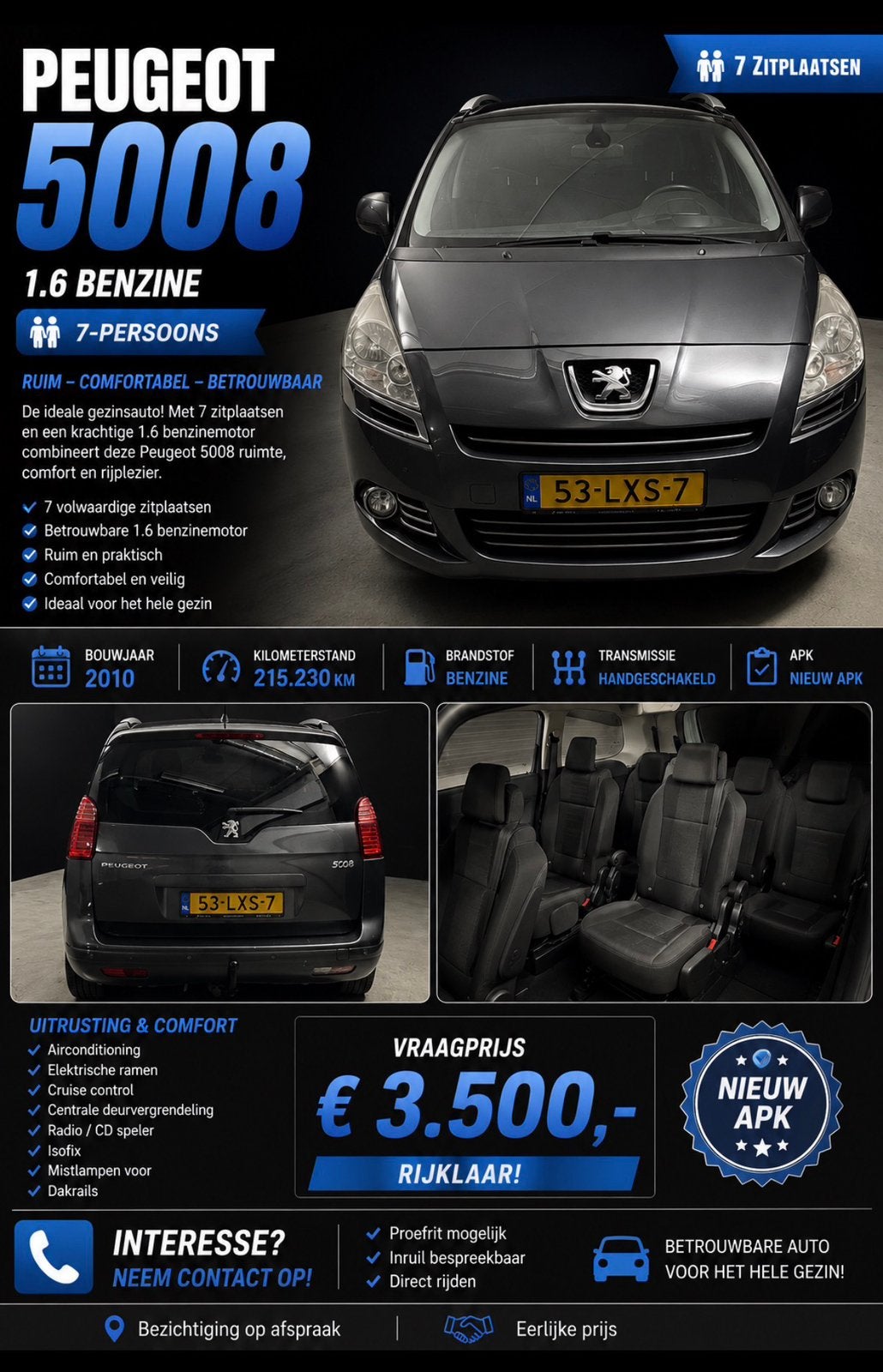 Peugeot 5008 1.6 THP 7PL 2010 Grijs, Auto's, Voorwielaandrijving, Zwart, Bedrijf, Handgeschakeld