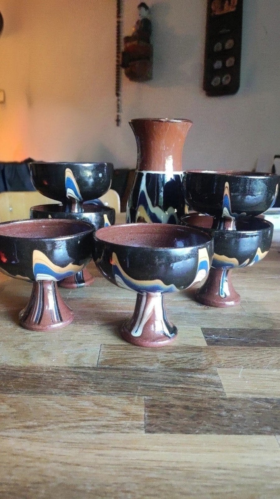 Aardewerk karaf met 6 bijpassende glazen, Ophalen