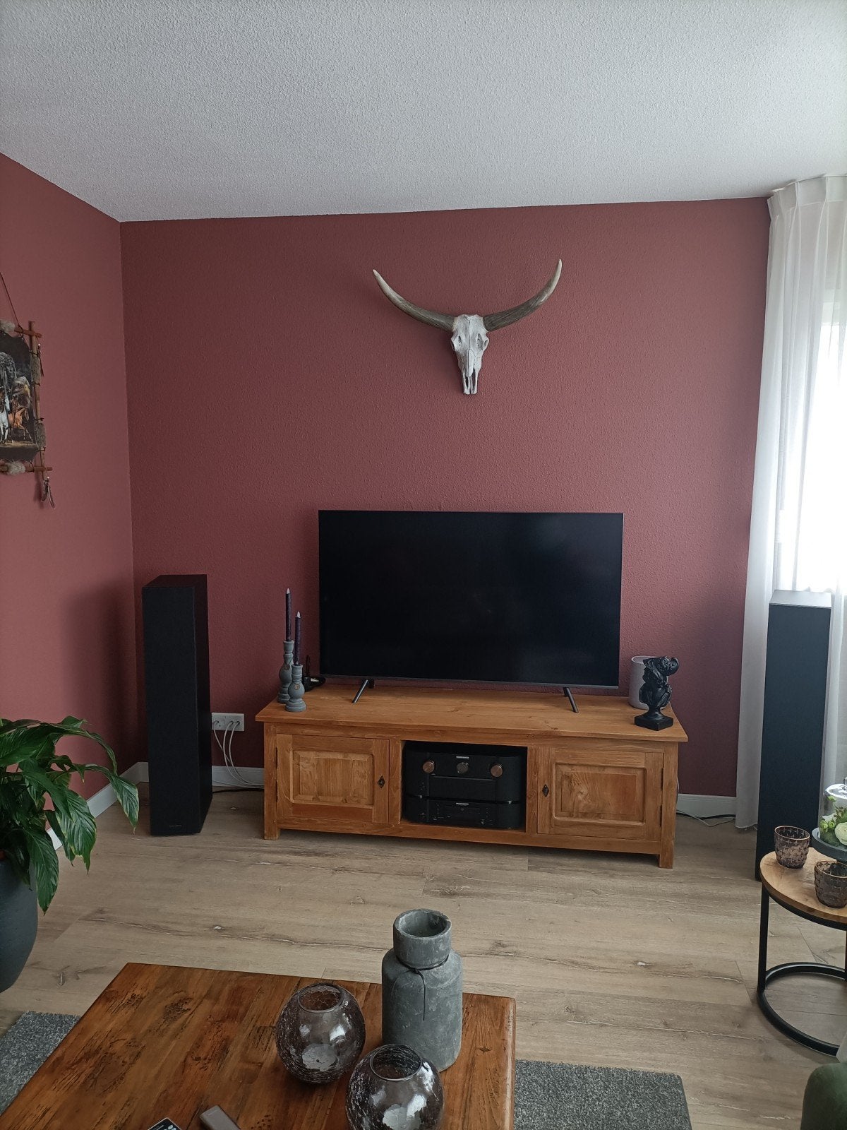 Teak houten tv-meubel, Ophalen, Gebruikt, Landelijk, Robuust, 150 tot 200 cm