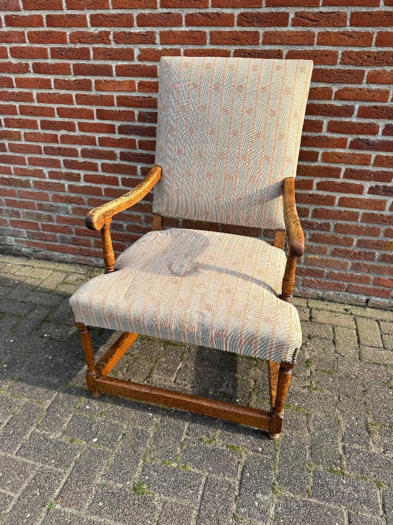 Vintage stoel met armleuningen - Hout en stof, Ophalen, Hout, Gebruikt, Overige kleuren