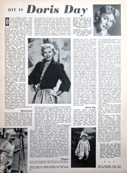 4 artikels 1953-1957 over Doris Day, Ophalen of Verzenden, 1940 tot 1960, Tijdschrift