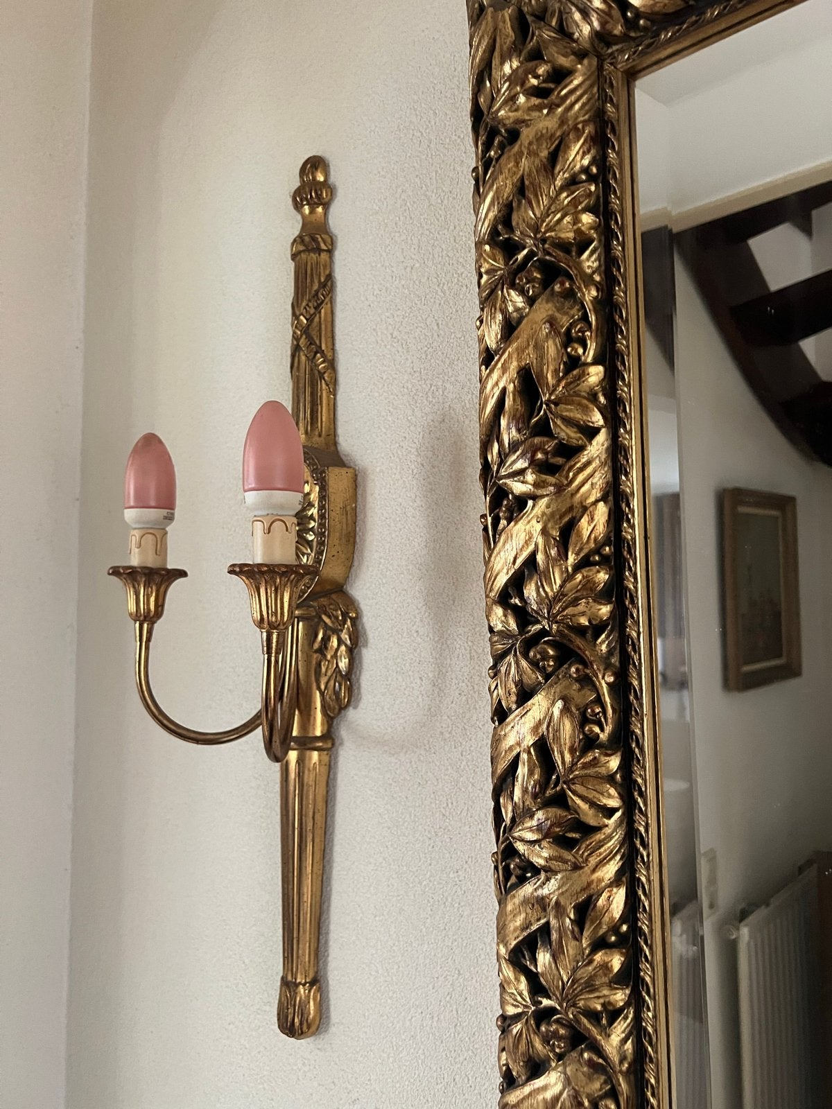 Antieke vergulde wandlamp - 65 cm, Ophalen of Verzenden