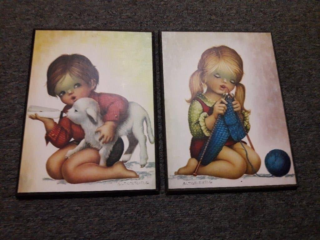 2x vintage schilderij afmeting 24 x 18 cm meisje breit, jong, Ophalen of Verzenden, Zo goed als nieuw, Wanddecoratie