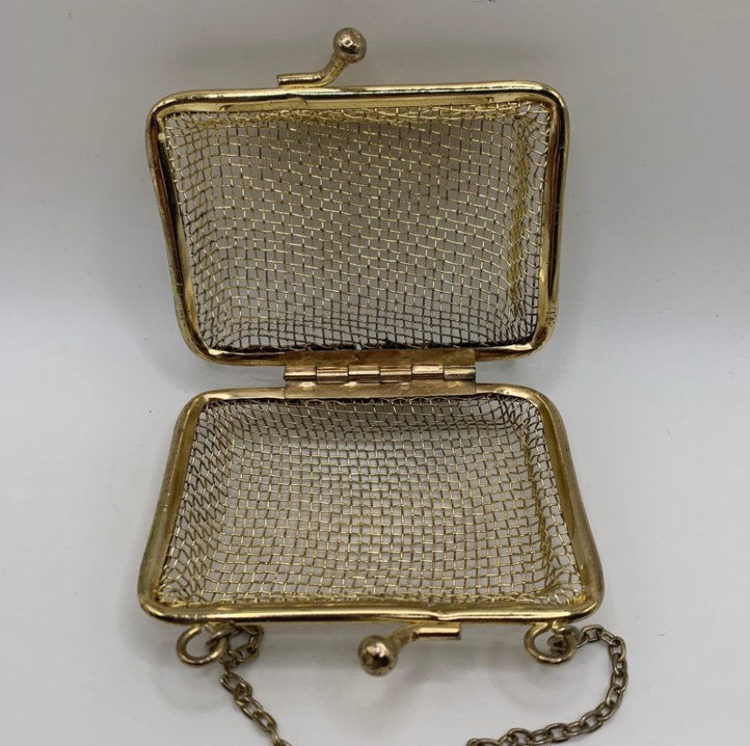 Vintage Gouden Mesh Avondtasje met Ketting 6x8cm, Ophalen of Verzenden, Gebruikt, Overige kleuren, Avondtasje
