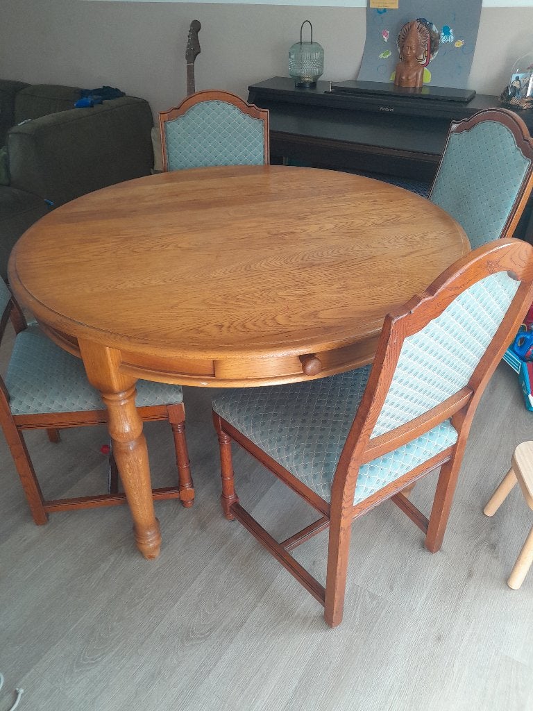 Ronde eettafel met 4 stoelen, Huis en Inrichting, Tafels | Eettafels, Ophalen, Gebruikt, Vier personen, 100 tot 150 cm
