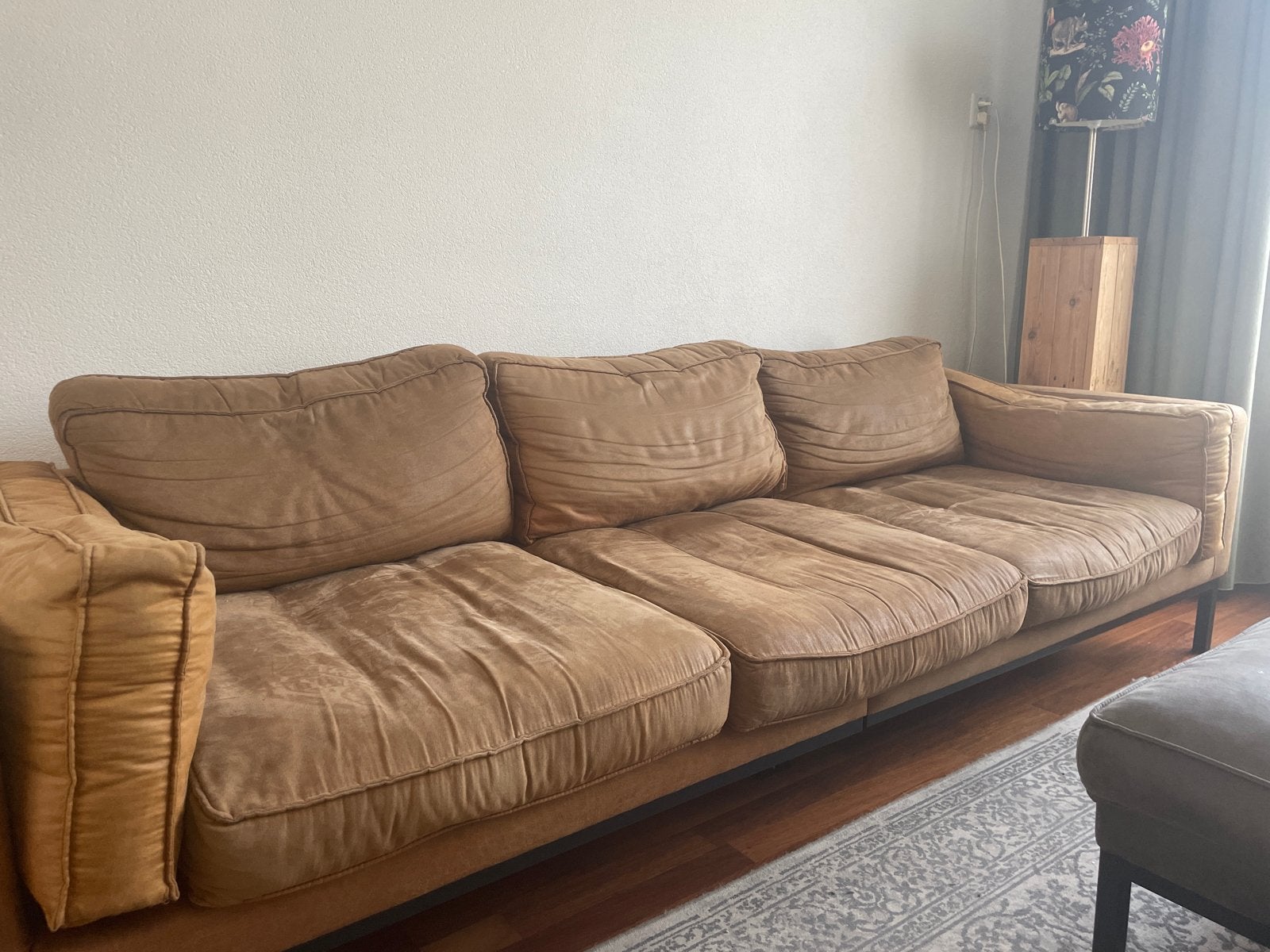 Comfortabele 3-zitsbank en fauteuil met poef, Ophalen, Gebruikt, Driepersoons, 75 tot 100 cm