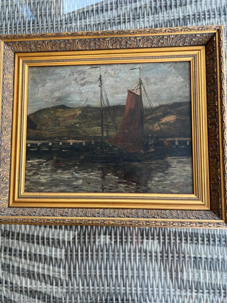 Olieverfschilderij Haagse School - Havenzicht met zeilschip, Ophalen