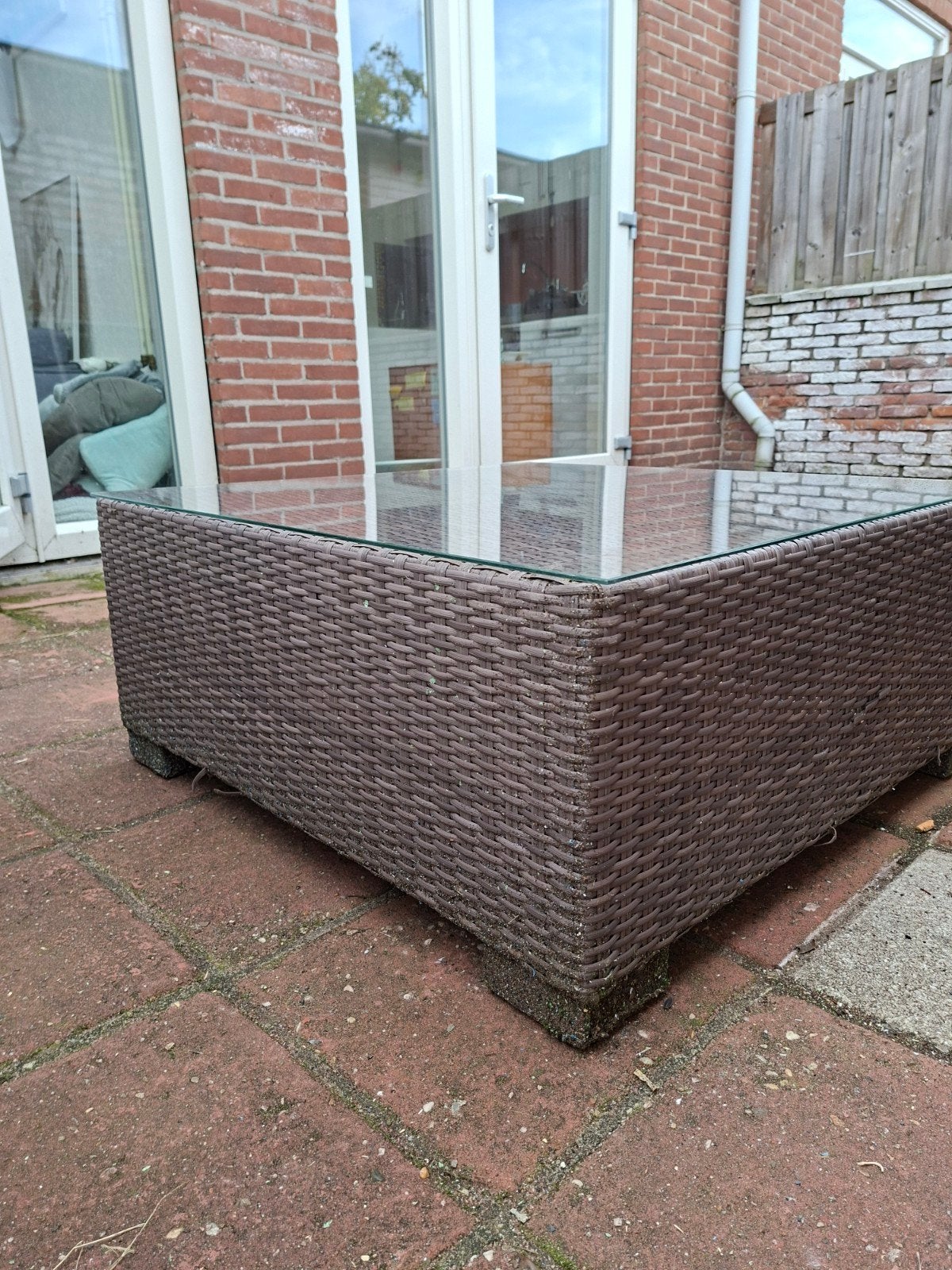 Tuintafel met glazen blad, Ophalen, Gebruikt, Rechthoekig, Wicker