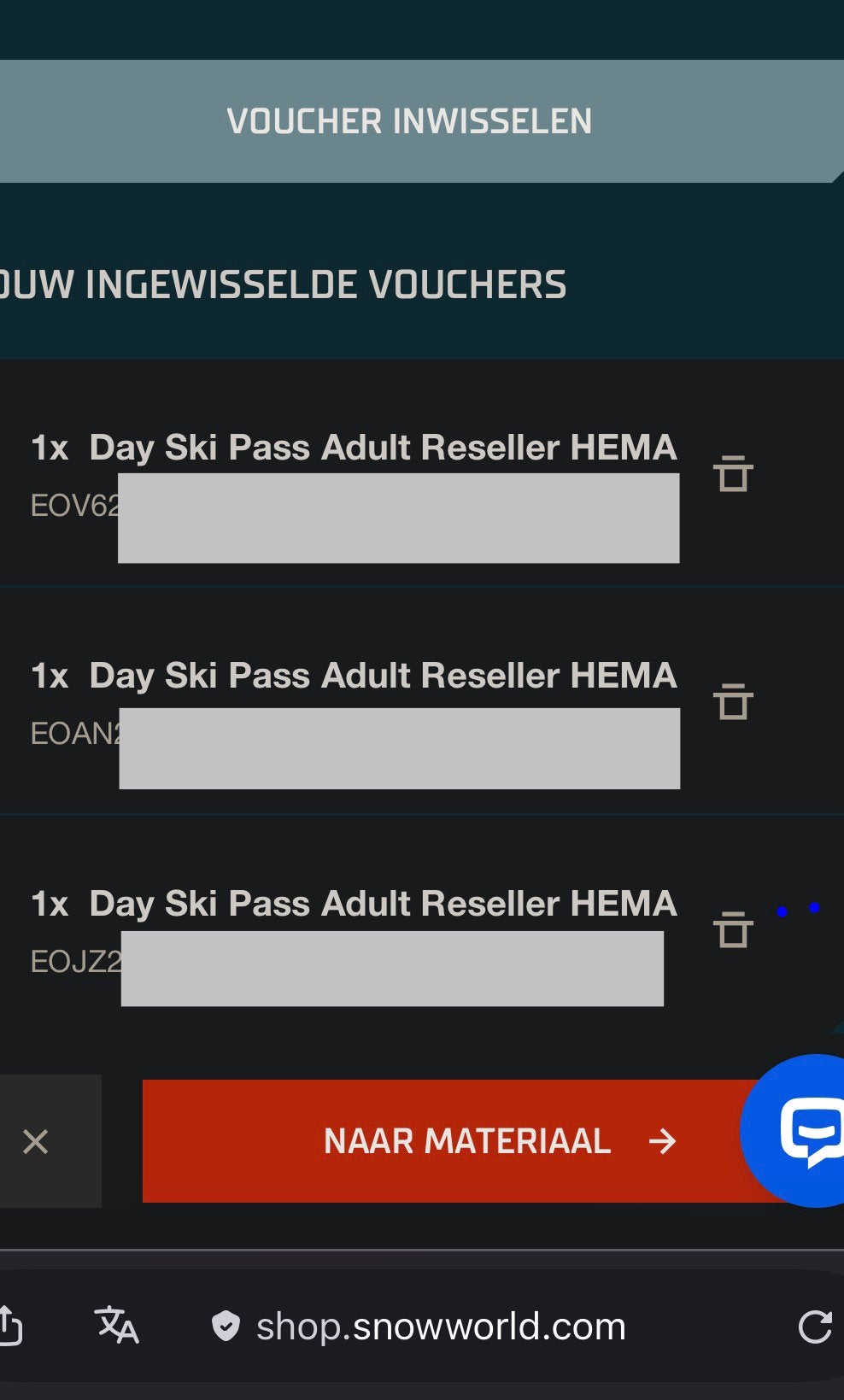 Snowworld dagkaart vouchers, 4 beschikbaar €15,- per stuk, Tickets en Kaartjes, Drie personen of meer, September
