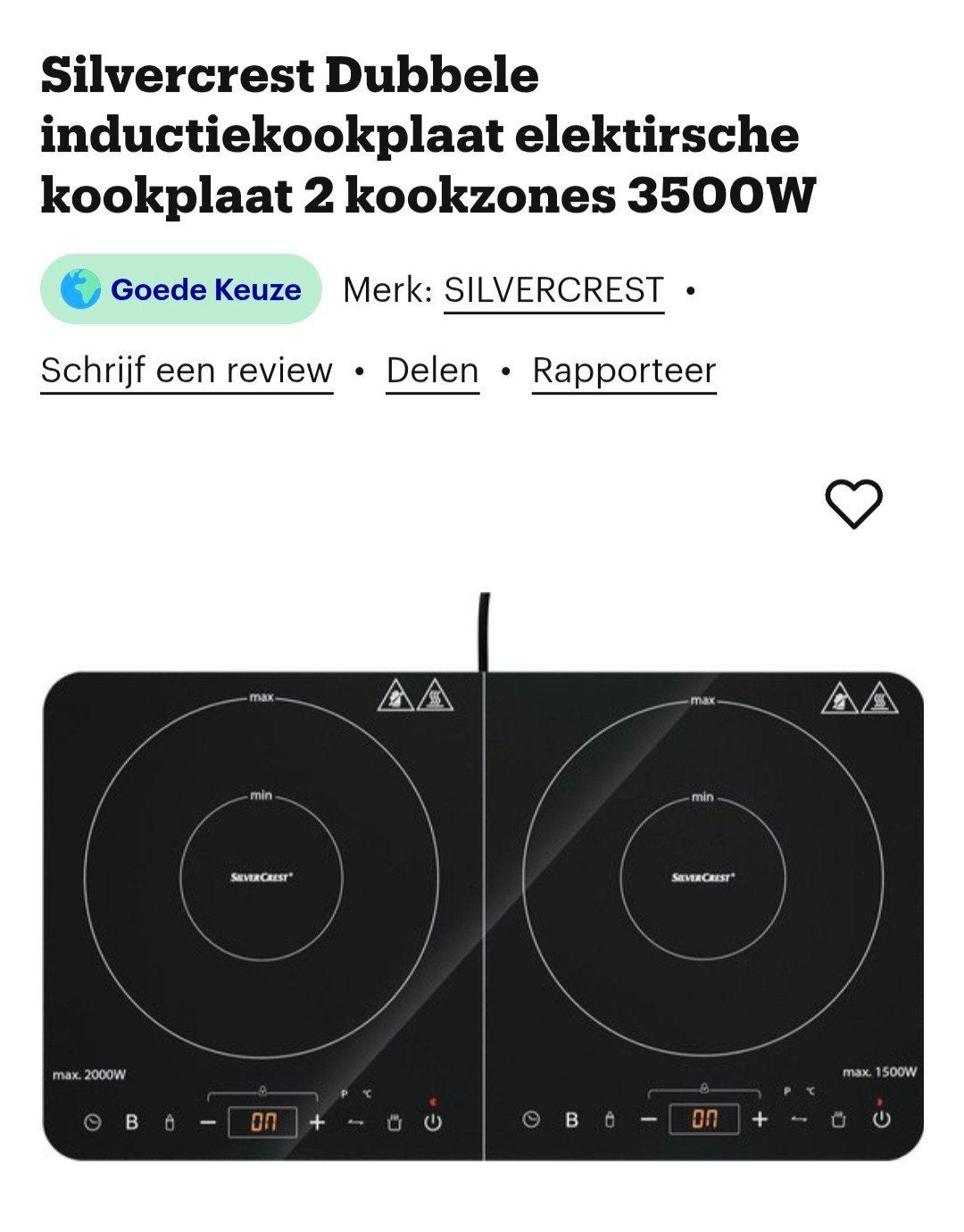 Silvercrest Dubbele Inductiekookplaat 2 Kookzones 3500W, Witgoed en Apparatuur, Ophalen, Nieuw, 3 kookzones of minder, Inductie