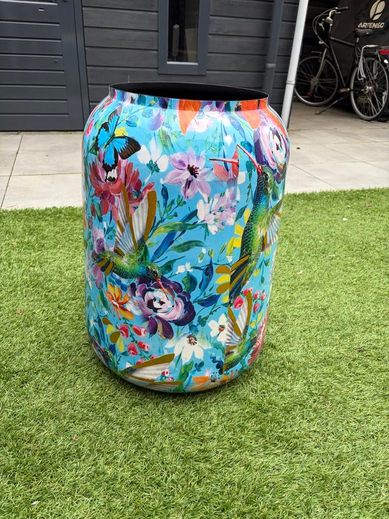 Bloempot met vogel- en bloemenprint, Tuin en Terras, Bloempotten, Overige materialen, Gebruikt, Rond, Tuin