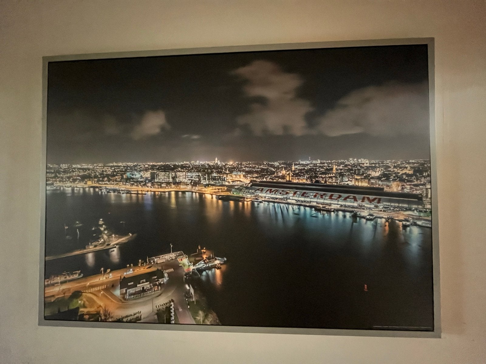 Schilderij Amsterdam: Adam CS Nacht & Dam 1900 (100x140cm), Ophalen, Zo goed als nieuw, 125 cm of meer, Print