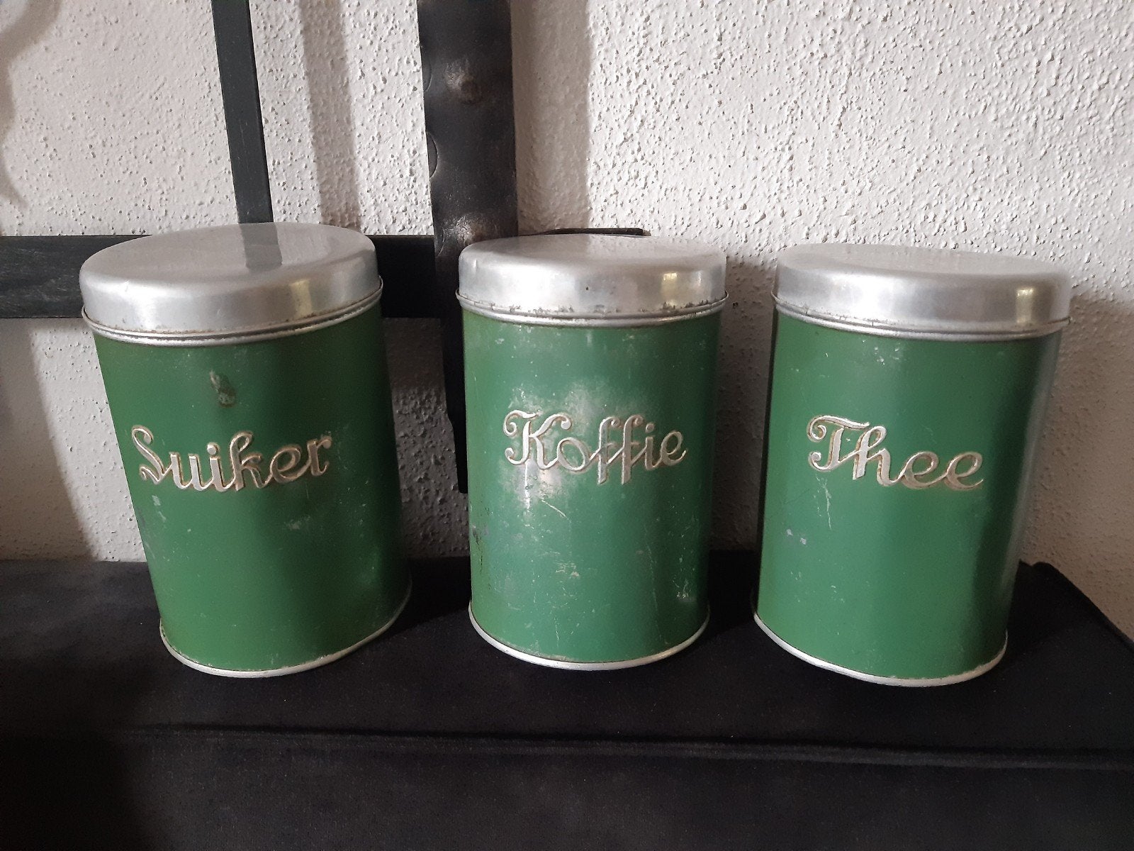 Koffie-suiker -thee blikken bussen ,shabby ,landelijk, Antiek en Kunst, Curiosa en Brocante, Ophalen of Verzenden