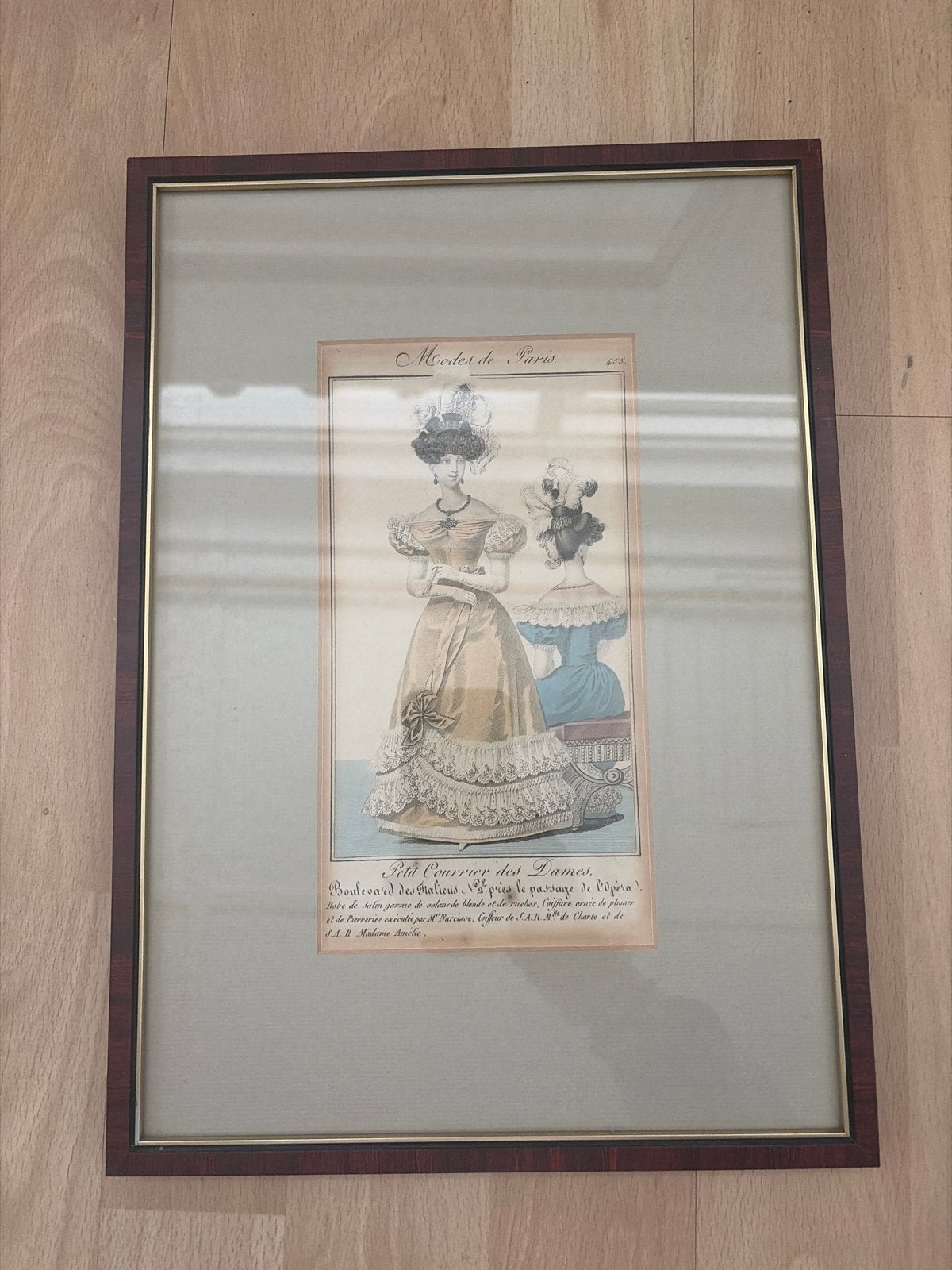 Modieuze Parijse mode-ets, handgekleurd, 19e eeuw, Handgekleurd, Dagelijks leven, 1800 - 1899, Ets