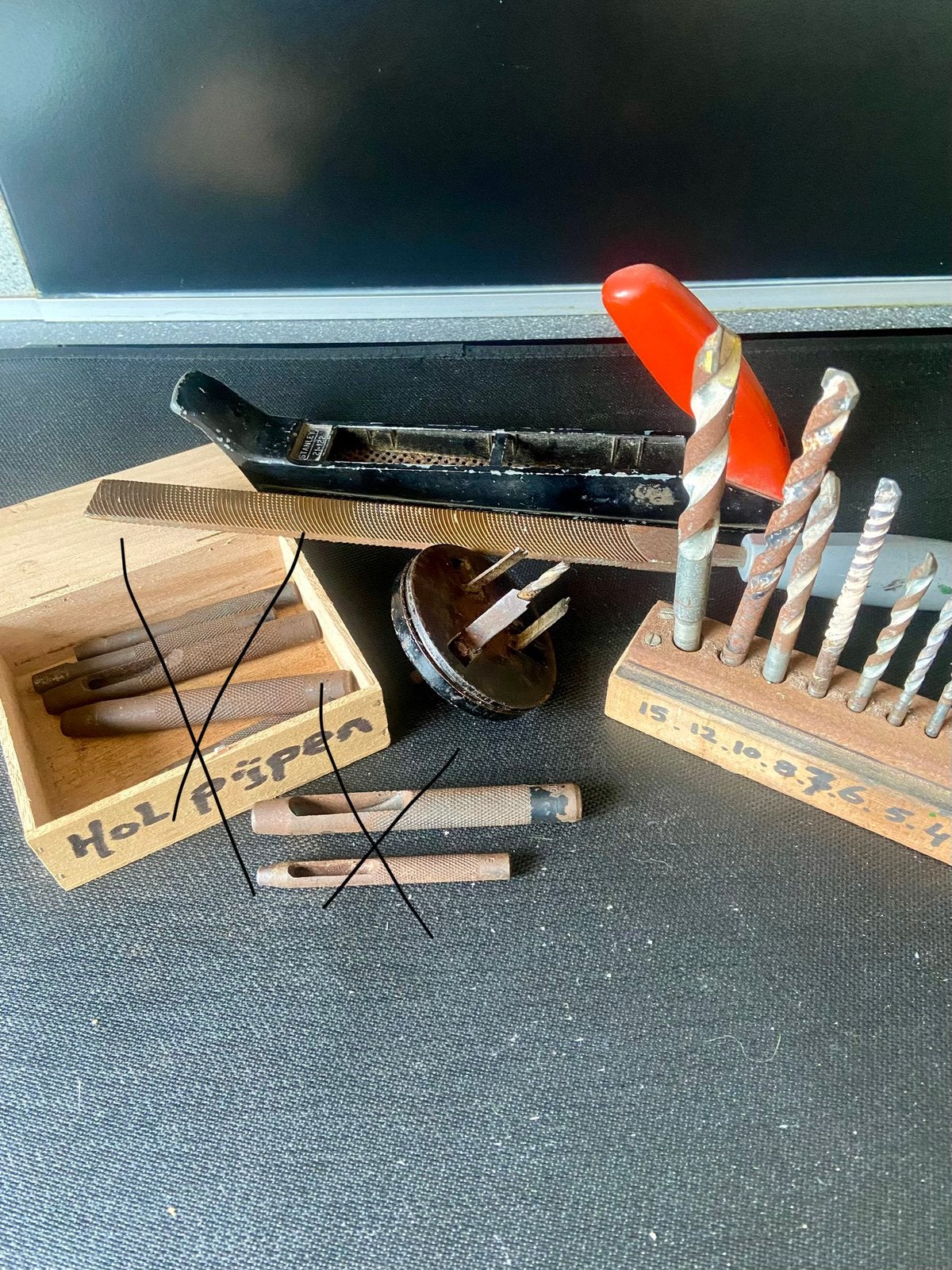 Steenboren, 2 houtraspen en een gatenboor., Doe-het-zelf en Verbouw, Gereedschap | Handgereedschap, Ophalen of Verzenden, Gebruikt