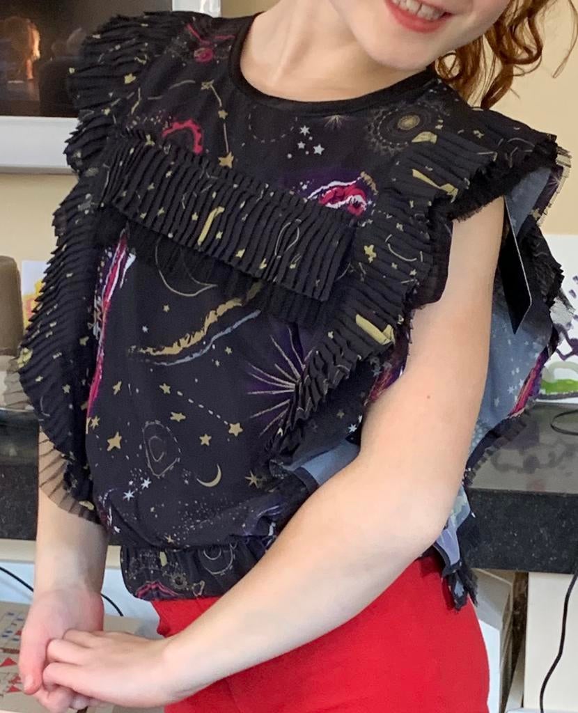 Desigual zwarte top met ruimte-thema en franje, Ophalen of Verzenden, Zo goed als nieuw, Meisje, Shirt of Longsleeve