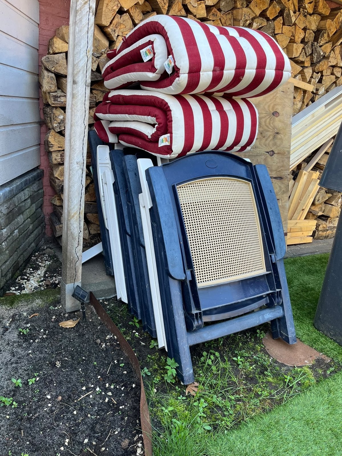 6 tuinstoelen met kussens, Ophalen, Gebruikt, Kunststof, Inklapbaar