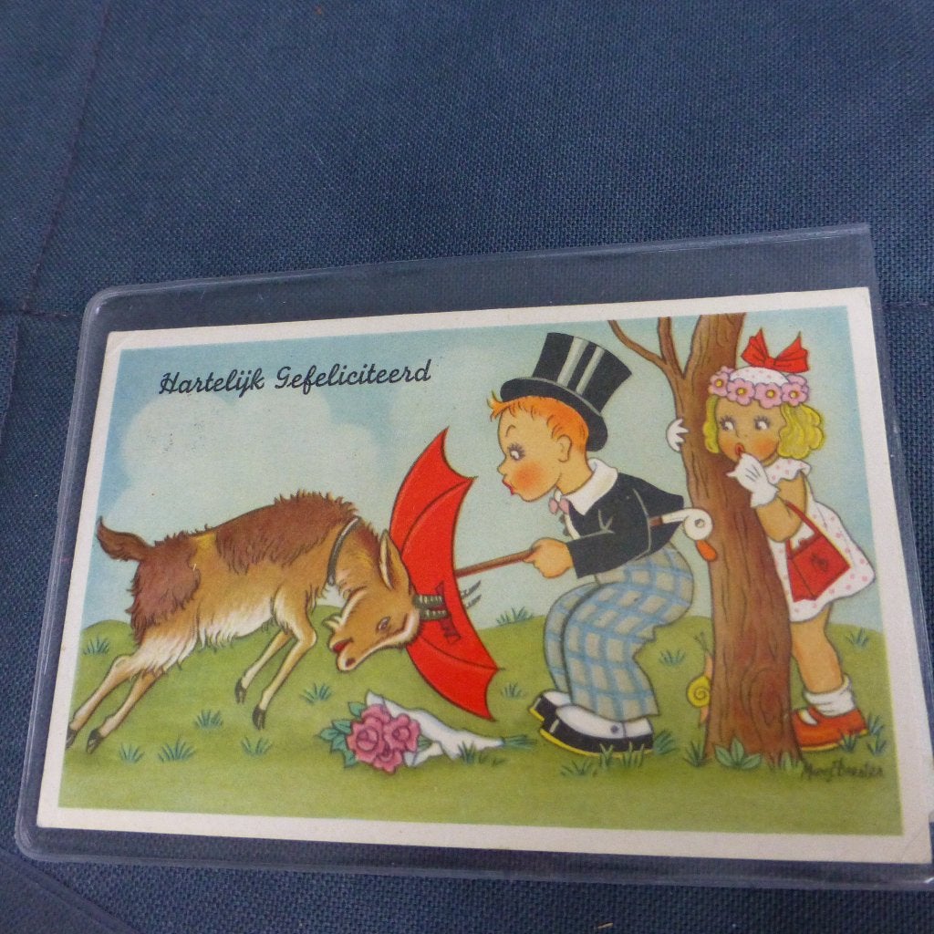 Ansichtkaart met Hartelijkgefeliciteerd, Verzamelen, Ophalen of Verzenden, 1940 tot 1960, Gelopen, Feest(dag)