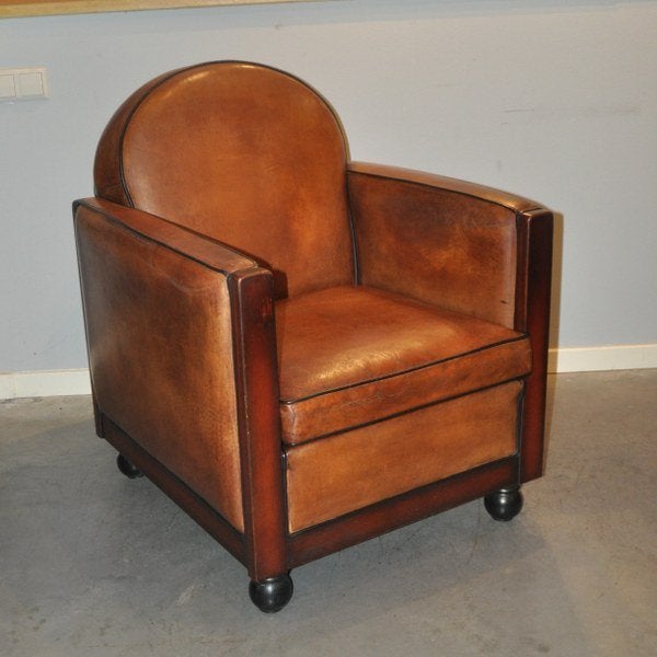 Art Deco schapenleren fauteuil, Ophalen of Verzenden