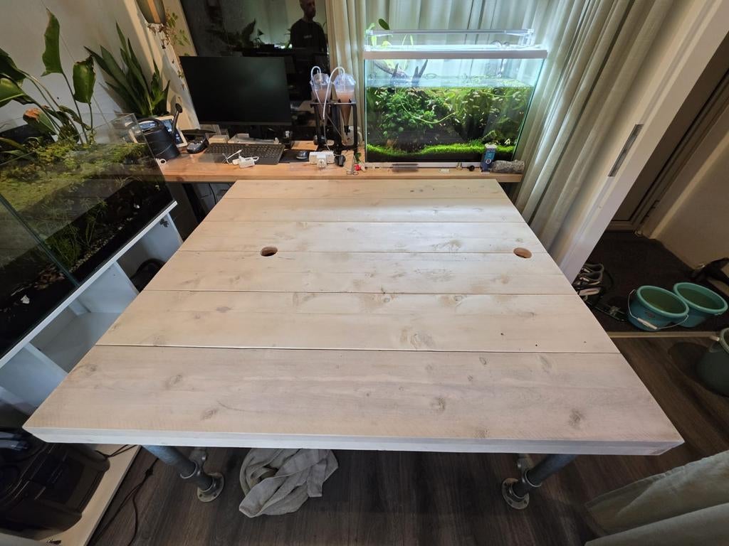 Uniek Steigerhouten Bureau met Steigerbuizen, Huis en Inrichting, Bureaus, Ophalen, Gebruikt