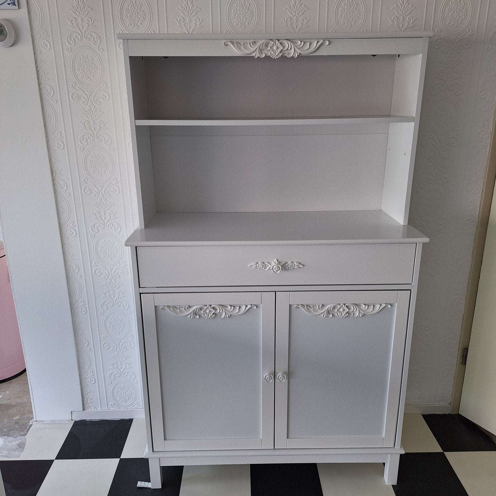 Barok Brocante Buffetkast / Wandkast - Wit, Ophalen, Met deur(en), Barok, Brocante, 50 tot 100 cm