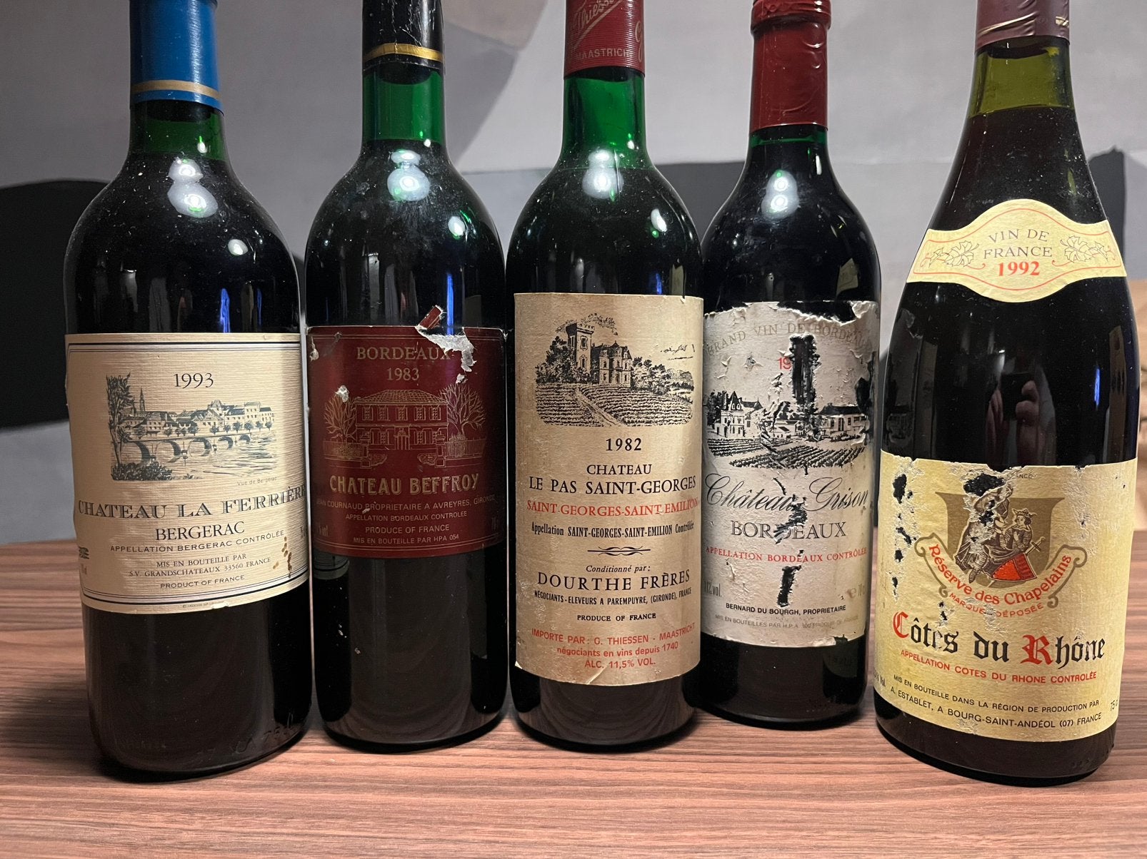 Bijzondere oude wijn – Bordeaux 1982/1983/1993 + Rhône 1992, Ophalen of Verzenden, Frankrijk, Rode wijn