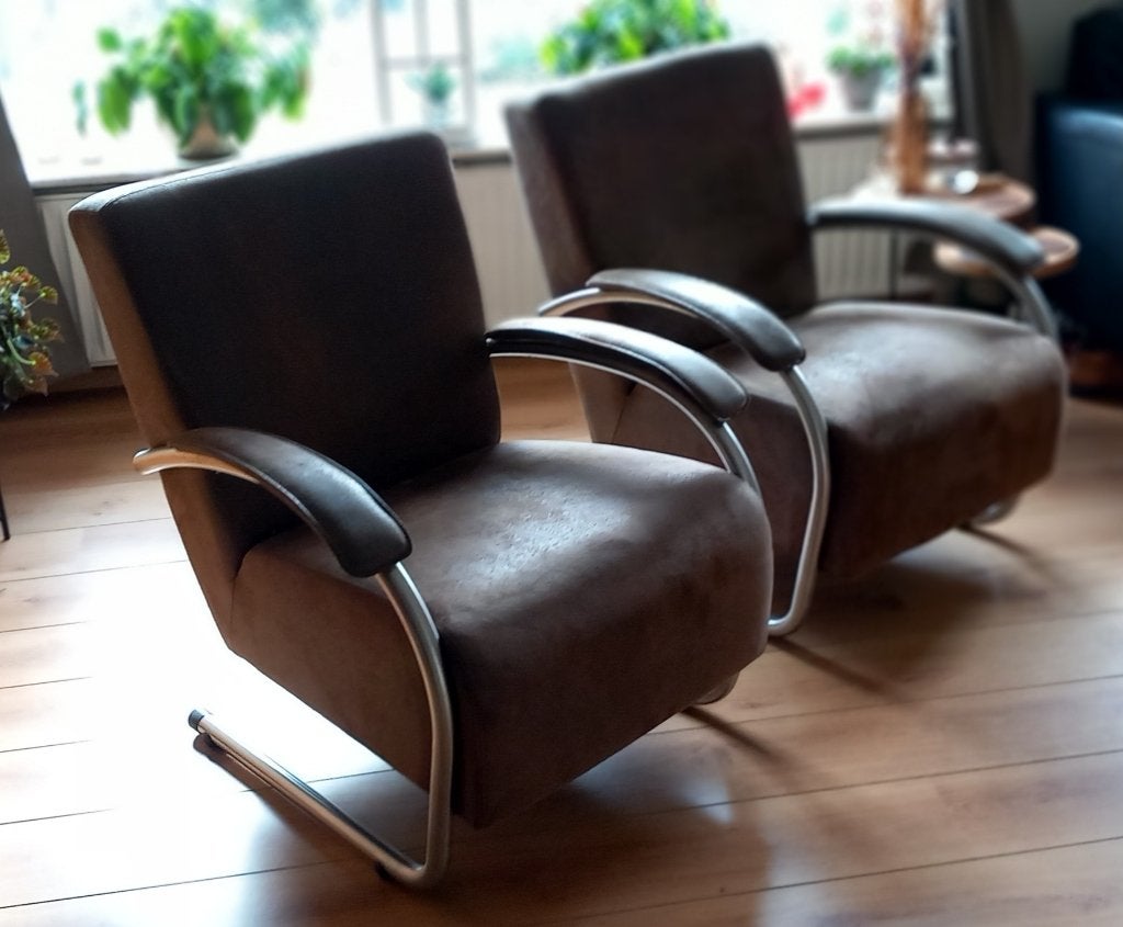 vintage suede leren design fauteuil set, Ophalen, Gebruikt, 50 tot 75 cm, Leer