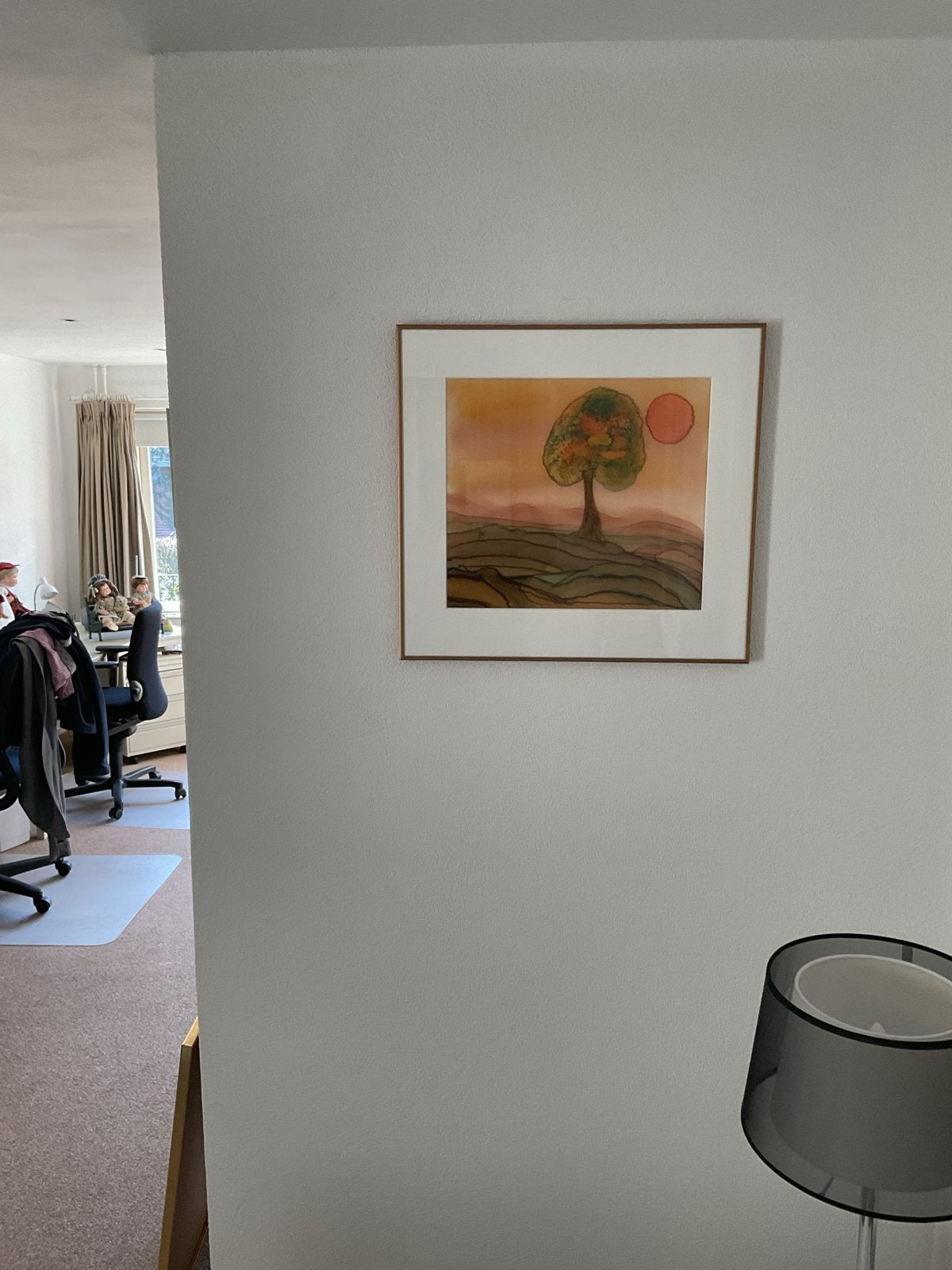 Schilderij met boom en zon, 59x55 cm, Landschap, Aquarel, Papier/karton, Ophalen of Verzenden