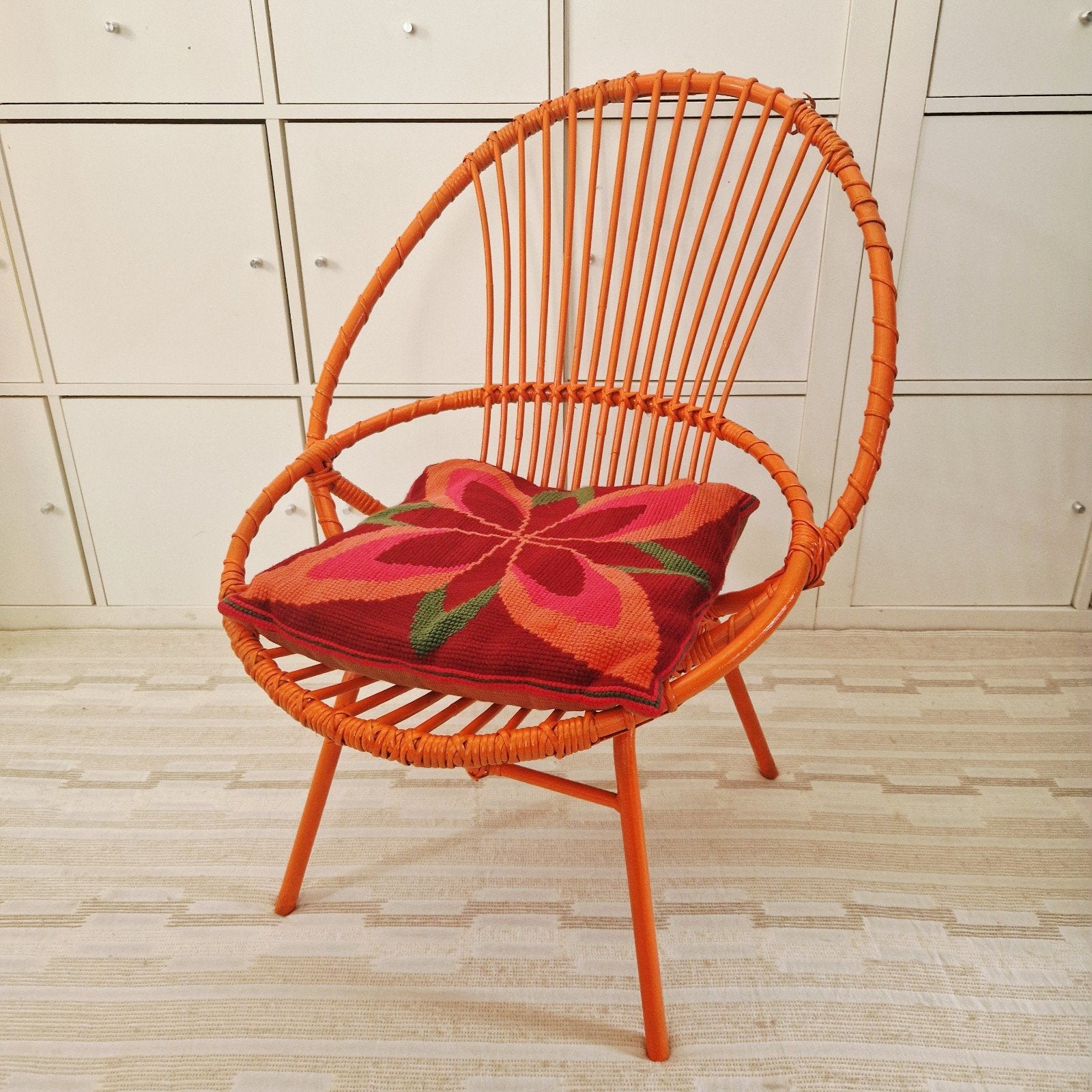 Vintage rotan stoeltje, oranje stoel., Ophalen