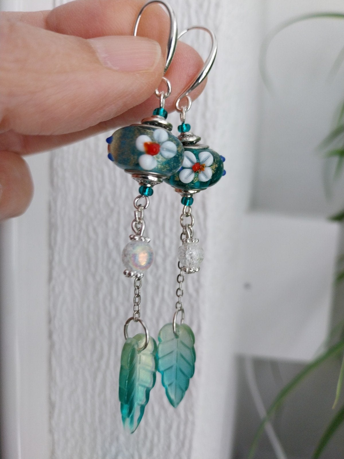 Lange Lampwork glaskraal oorbellen #1497, Sieraden, Tassen en Uiterlijk, Oorbellen, Hangers, Verzenden, Groen, Glas
