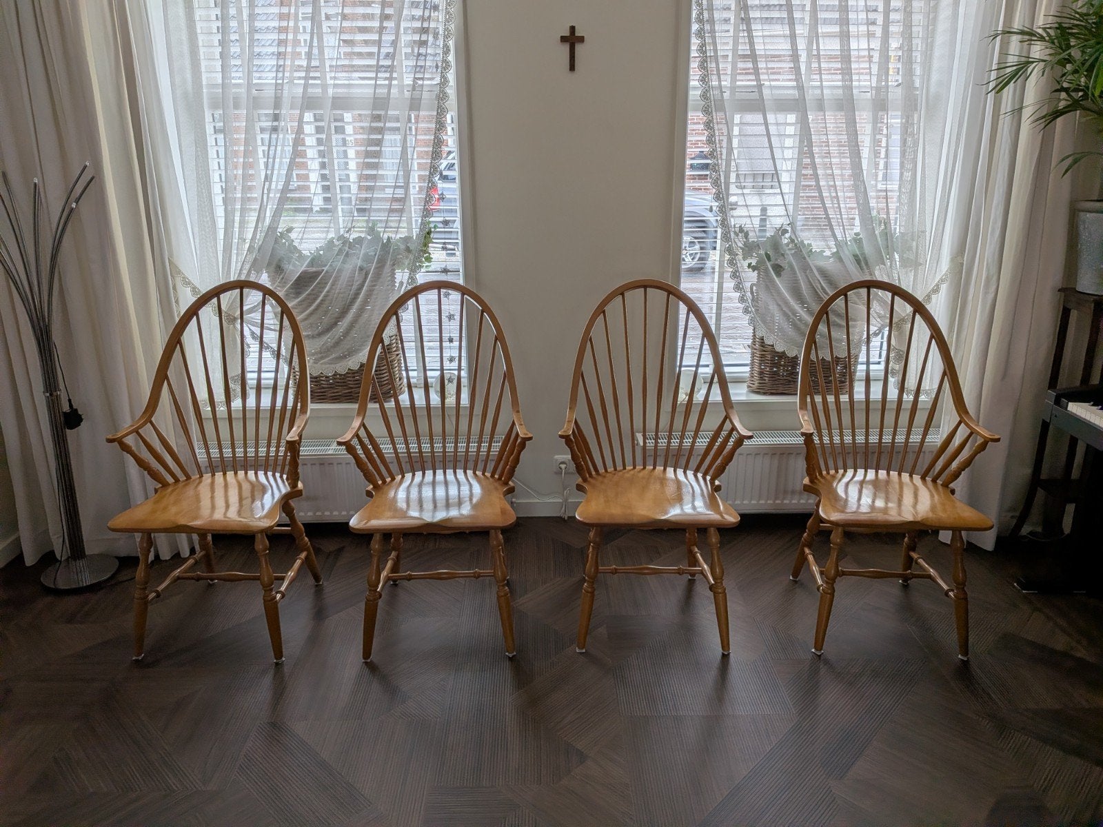 Set van 4 houten Windsor stoelen, vintage stijl, Huis en Inrichting, Stoelen, Ophalen, Bruin, Vier, Hout