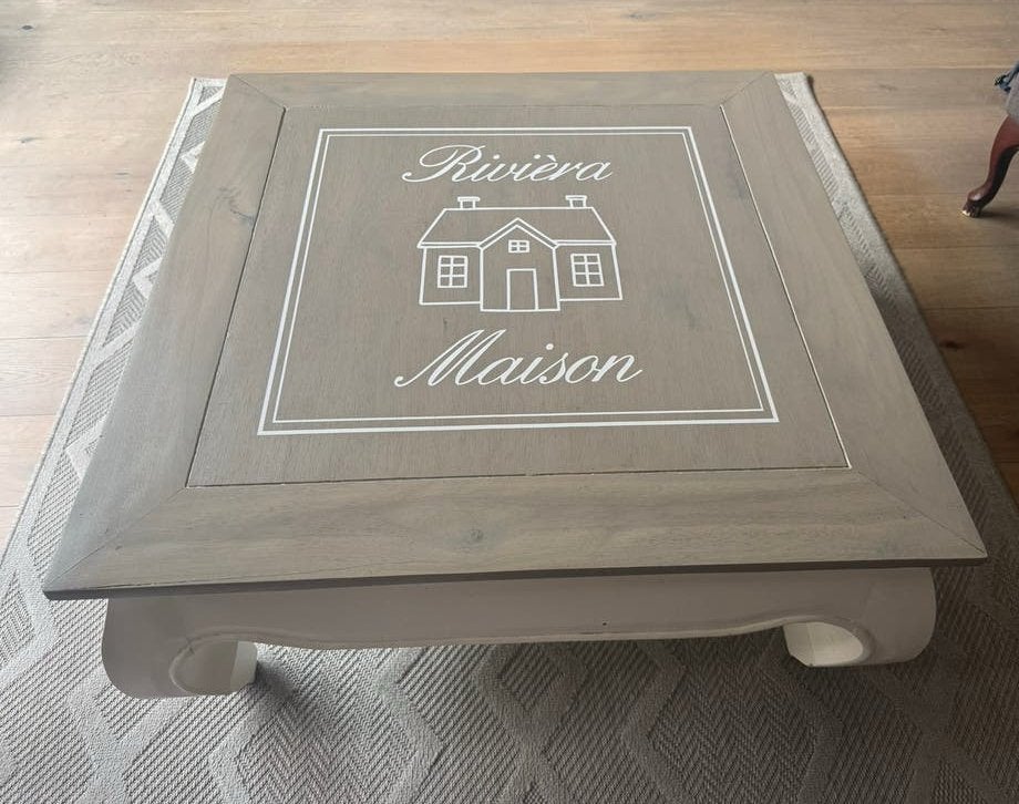 Opium Salontafel met Riviera Maison sticker Landelijke Stijl, Ophalen, Gebruikt, 50 tot 100 cm, Vierkant