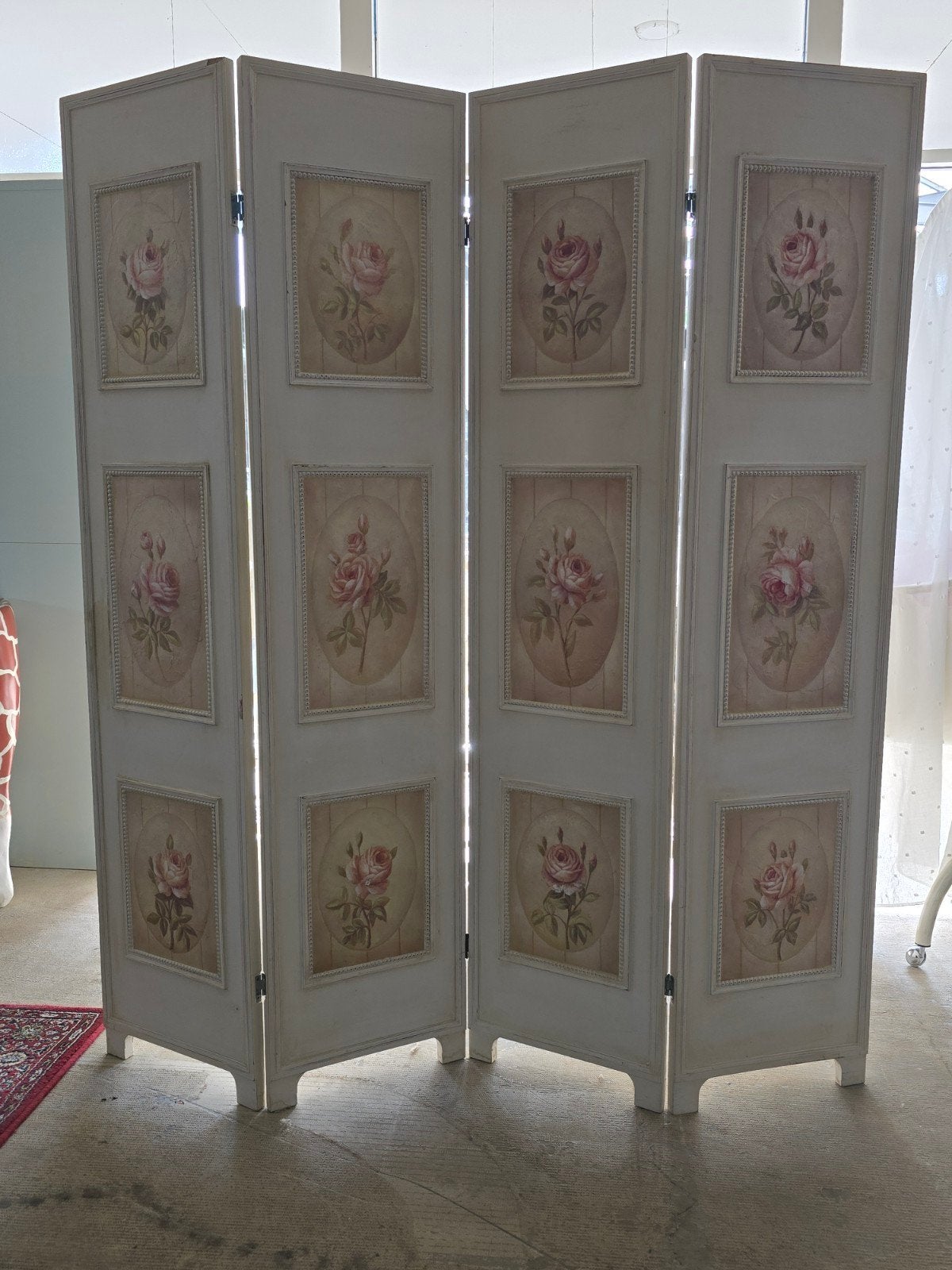 Decoratief kamerscherm met rozenmotief - 4 panelen, Huis en Inrichting, Overige Huis en Inrichting, Gebruikt, Onbekend, Ophalen of Verzenden