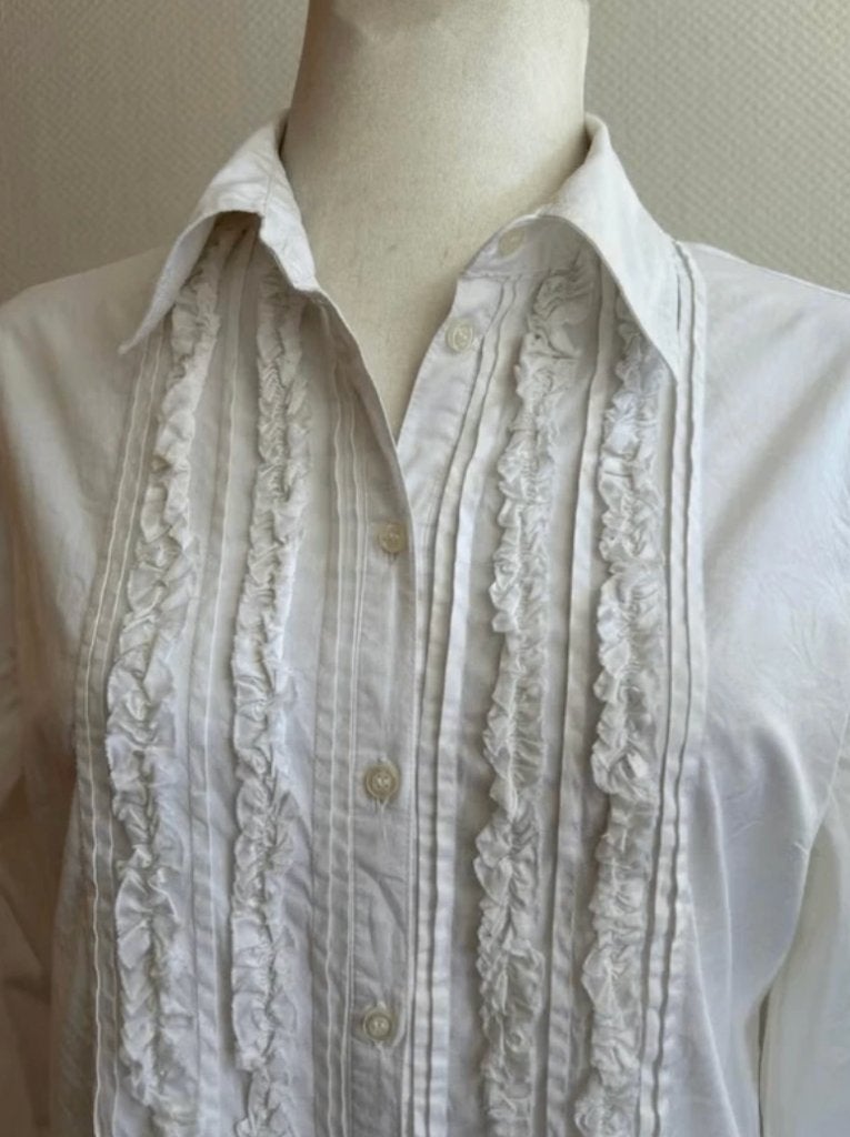Witte katoenen blouse met ruches, Ophalen of Verzenden, Gedragen, Maat 38/40 (M), Wit