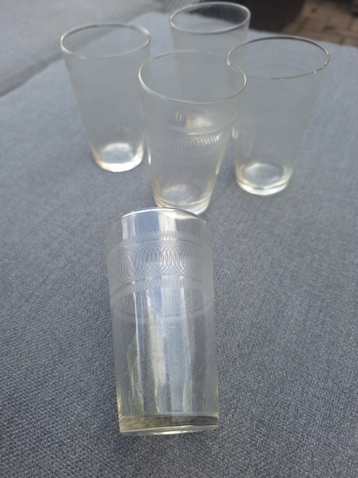 Set van 5 vintage glazen met geëtst patroon, Antiek en Kunst, Ophalen of Verzenden