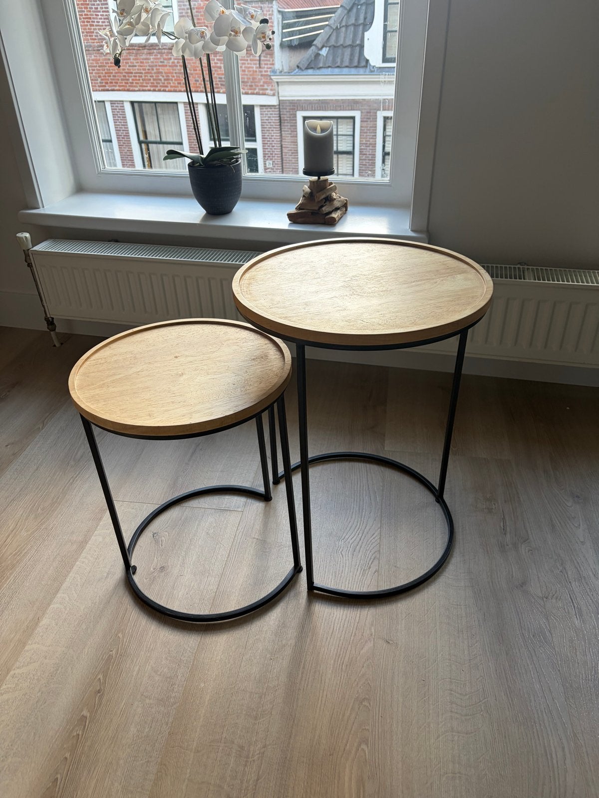Set van 2 ronde bijzettafels - Hout en Metaal, Gebruikt, Rond, Hout, Ophalen