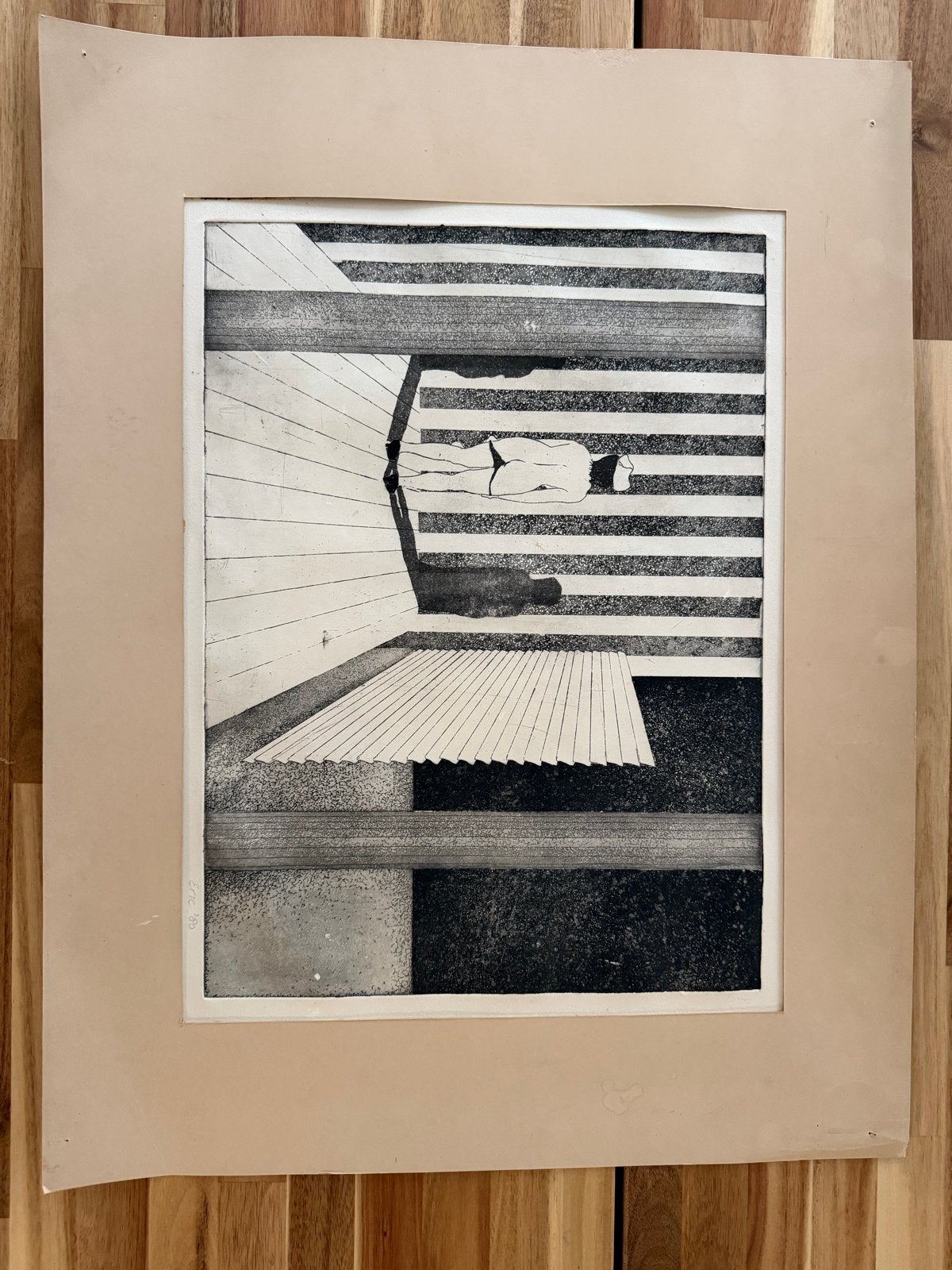 Ets van Eric '80 - Ligfiguur op gestreepte achtergrond, Antiek en Kunst, Ophalen, Dagelijks leven, Gesigneerd, 1950 - 1999