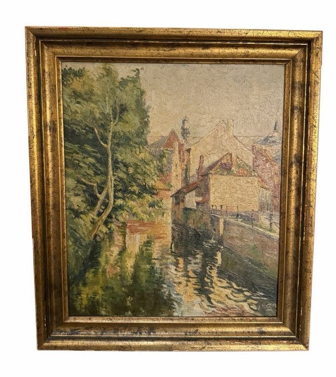 A. Mertens - Stadsgezicht met gracht, Antiek en Kunst, Doek, Impressionistisch, Ophalen of Verzenden, Gesigneerd