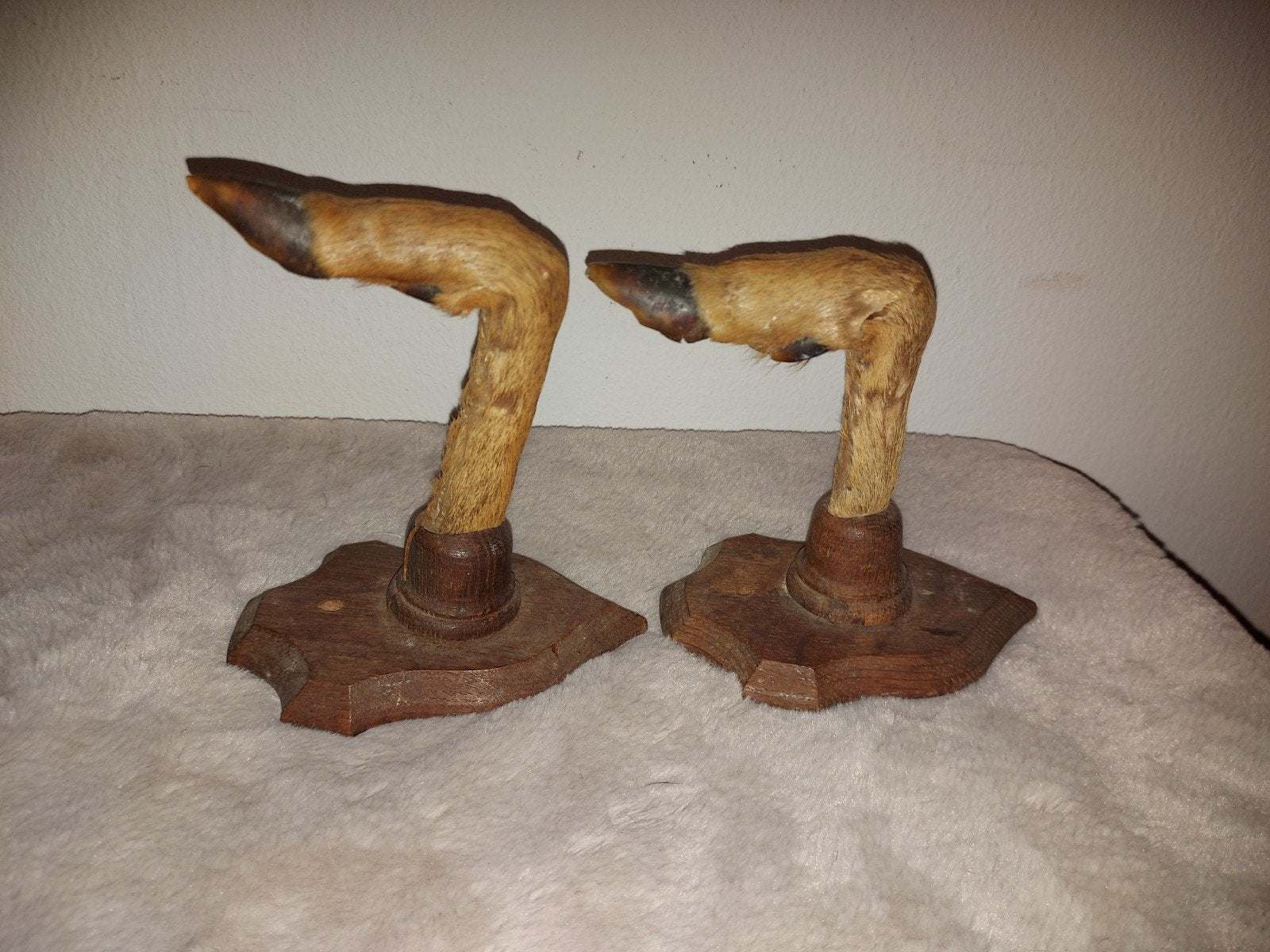 Vintage reeën poten op houten voetstuk - Set van 2, Ophalen of Verzenden