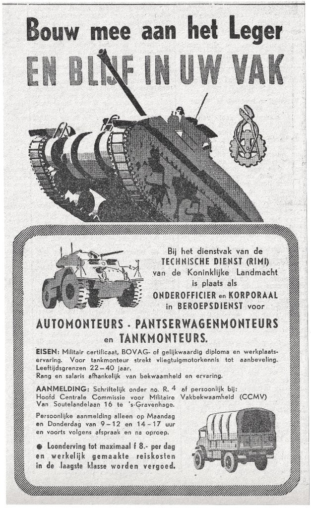 Personeelsadvertentie 1951 Landmacht Leger Monteur Auto Tank, Ophalen of Verzenden, Landmacht, Nederland, Overige typen
