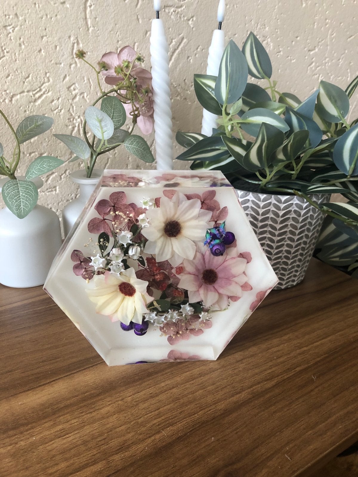Zeskantige epoxy decoratie met zijdebloemen, Ophalen of Verzenden, Nieuw