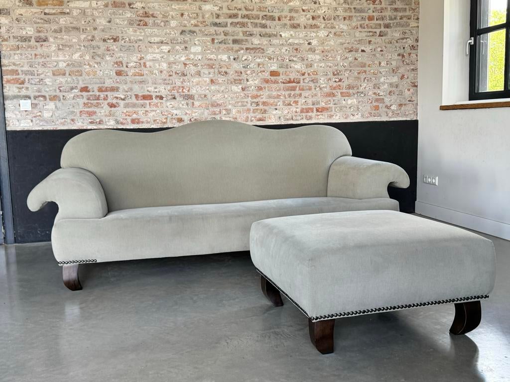Grote lounge bank met hocker - Zo goed als nieuw 240cm, 250 tot 300 cm, 100 tot 125 cm, Modern landelijk, Ophalen of Verzenden