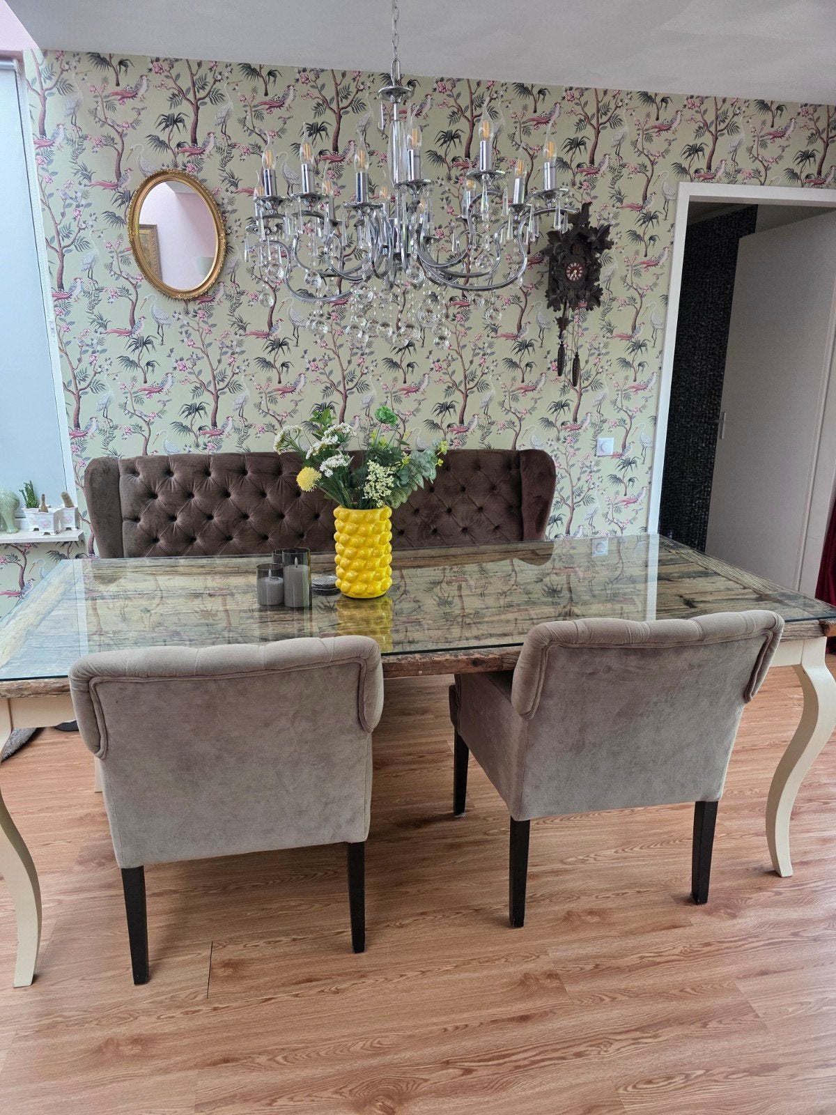 U Rofra eethoek met glasplaat, eetbank en stoelen, Ophalen, Gebruikt, 100 tot 150 cm, Glas